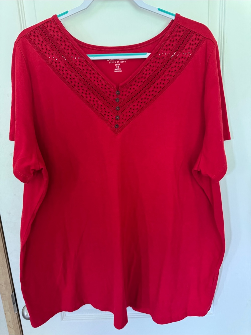 Woman Within Red V-Neck Eyelet Button Short Sleeve Top